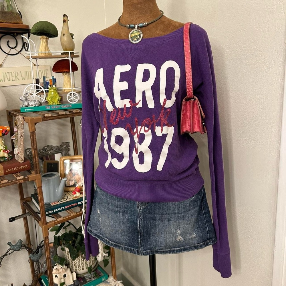 Y2K Vibes Aeropostale Purple Wide Neck Ultra Long Dolman Sleeve Top -Size Medium